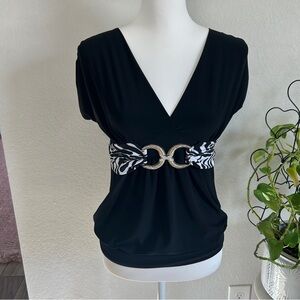 Y2K Black V-Neck Top with Zebra and gold belt